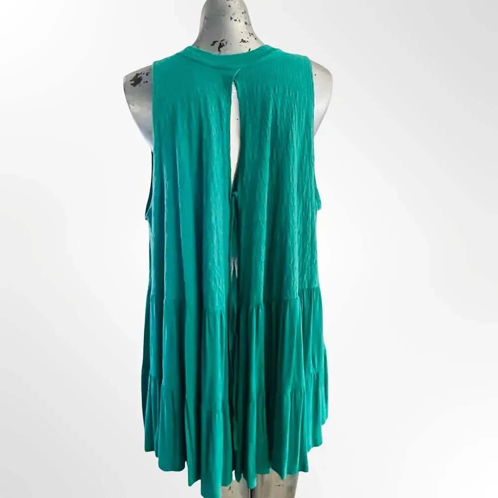 Free People Right on Time Green Sleeveless Tiered Tunic Tank Top Size L